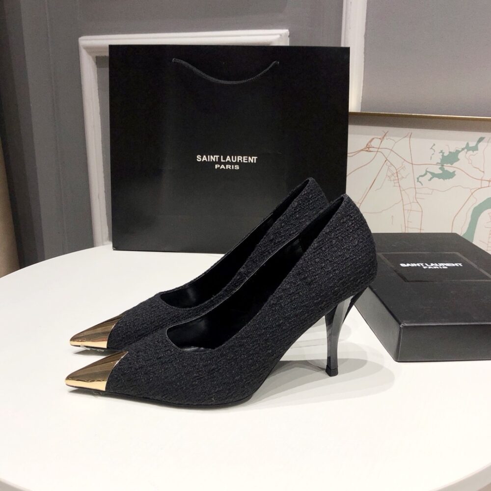 SAINT LAURENT VESPER LEATHER TRIMMED BOUCLÉ PUMPS BLACK - Image 8