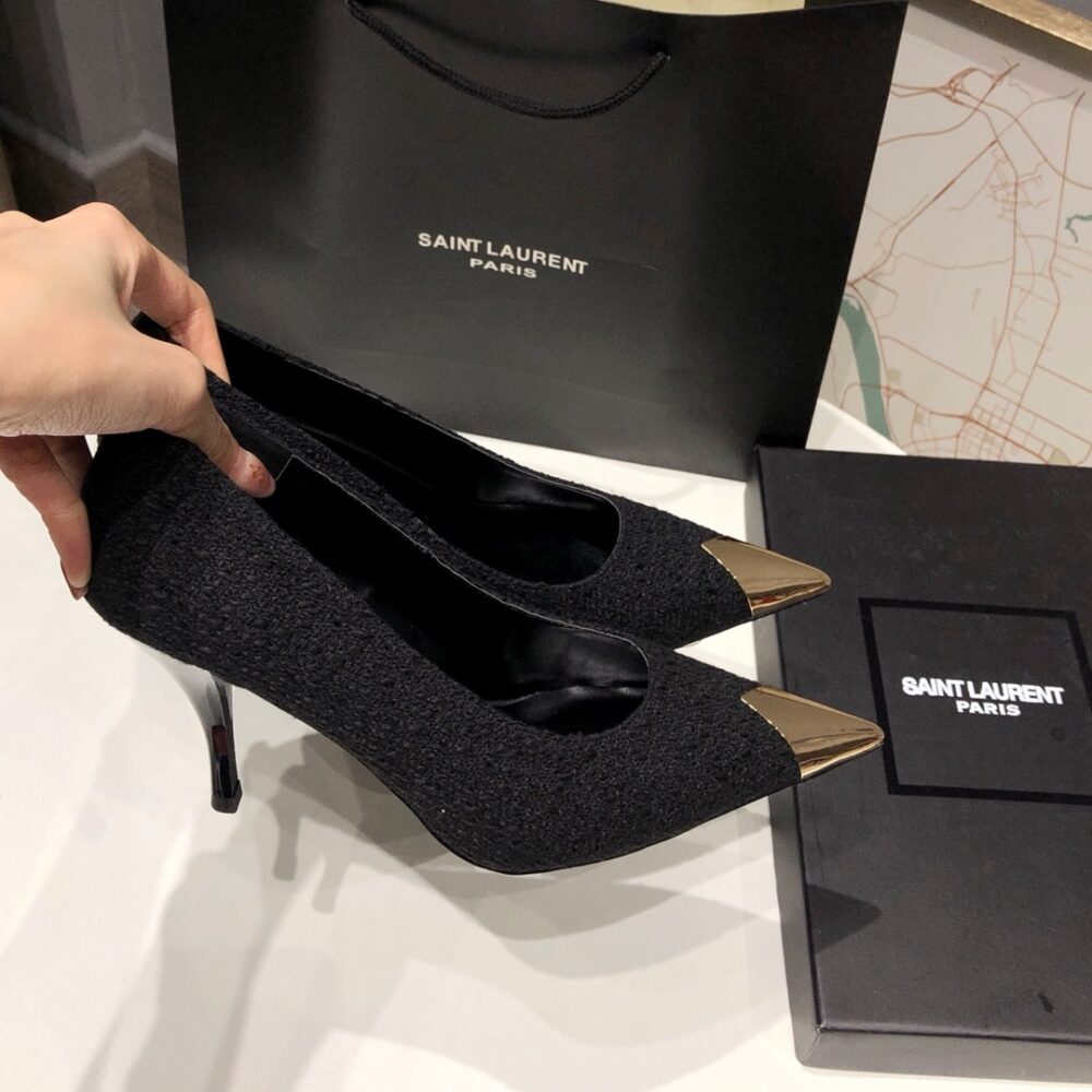 SAINT LAURENT VESPER LEATHER TRIMMED BOUCLÉ PUMPS BLACK - Image 9