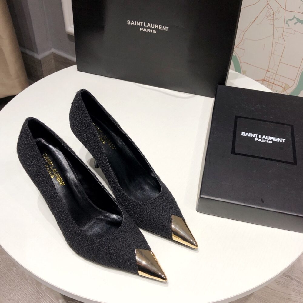 SAINT LAURENT VESPER LEATHER TRIMMED BOUCLÉ PUMPS BLACK - Image 10