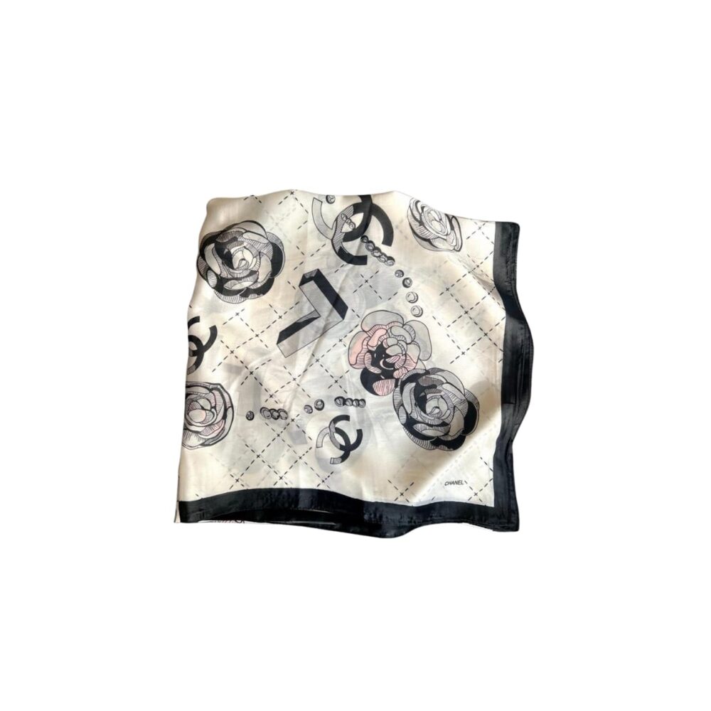 CHANEL CC WITH PINK FLOWER SQUARE SCARF WHITE 90CM