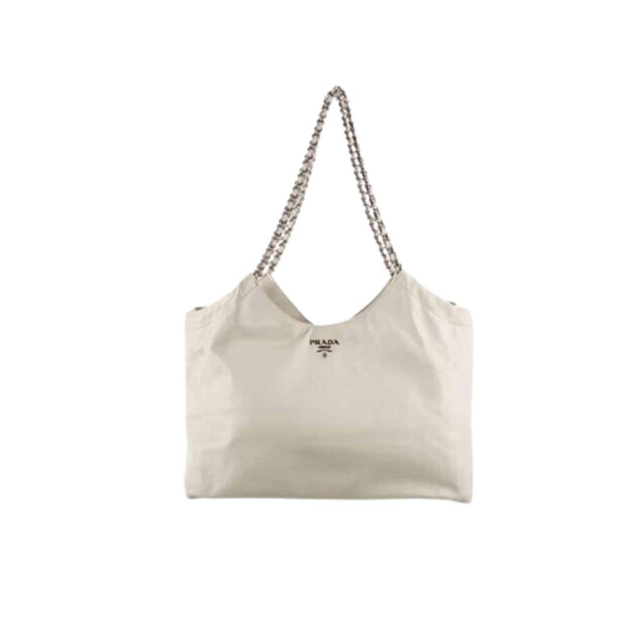 PRADA POMICE SOFT LEATHER CHAIN TOTE BAG WHITE 38CM