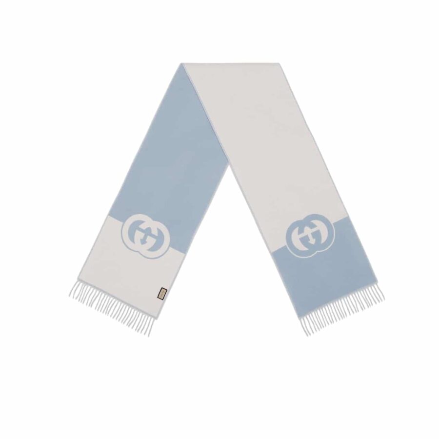 GUCCI WOOL CASHMERE SCARF WITH INTERLOCKING G BLUE 715497 3GB02 4978