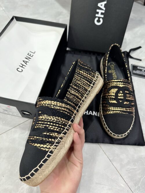 Alternative view of Chanel Metallic Tweed Grosgrain Cc Espadrilles Slip On Gold Black