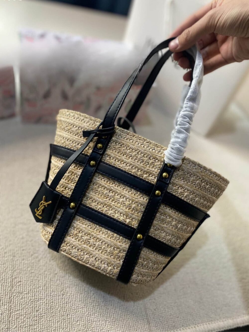 SAINT LAURENT MEDIUM PANIER HARNESS RAFFIA TOTE BEIGE 17CM - Image 2