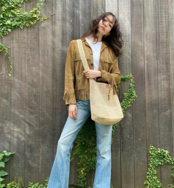 SAINT LAURENT LE 5 A 7 IN RAFFIA CROCHET AND SMOOTH LEATHER BEIGE 32CM 690941GAAAR2080 - Image 3