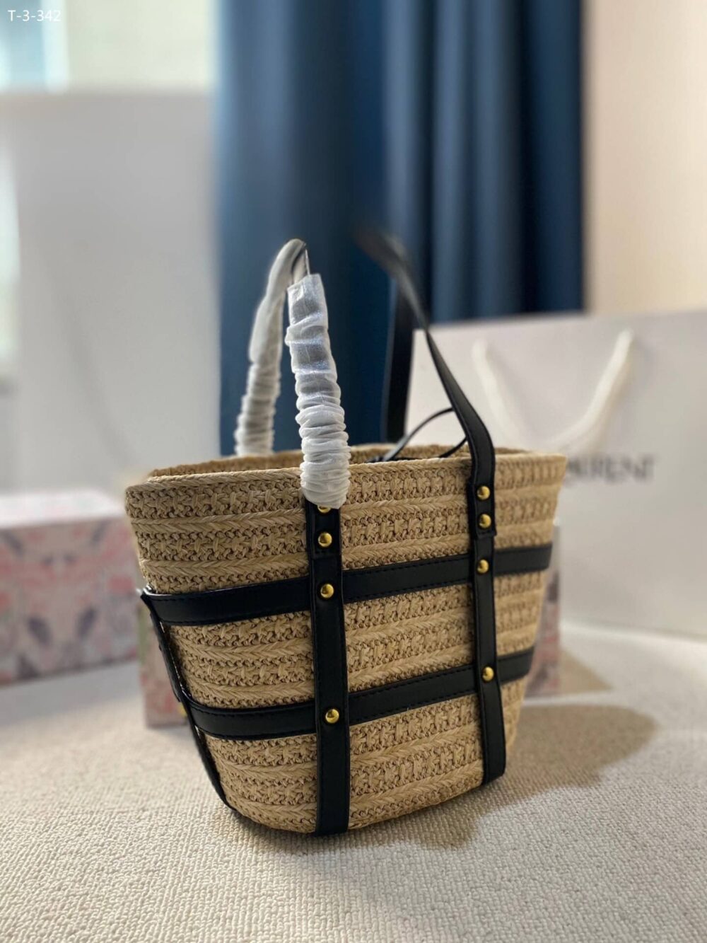 SAINT LAURENT MEDIUM PANIER HARNESS RAFFIA TOTE BEIGE 17CM - Image 4