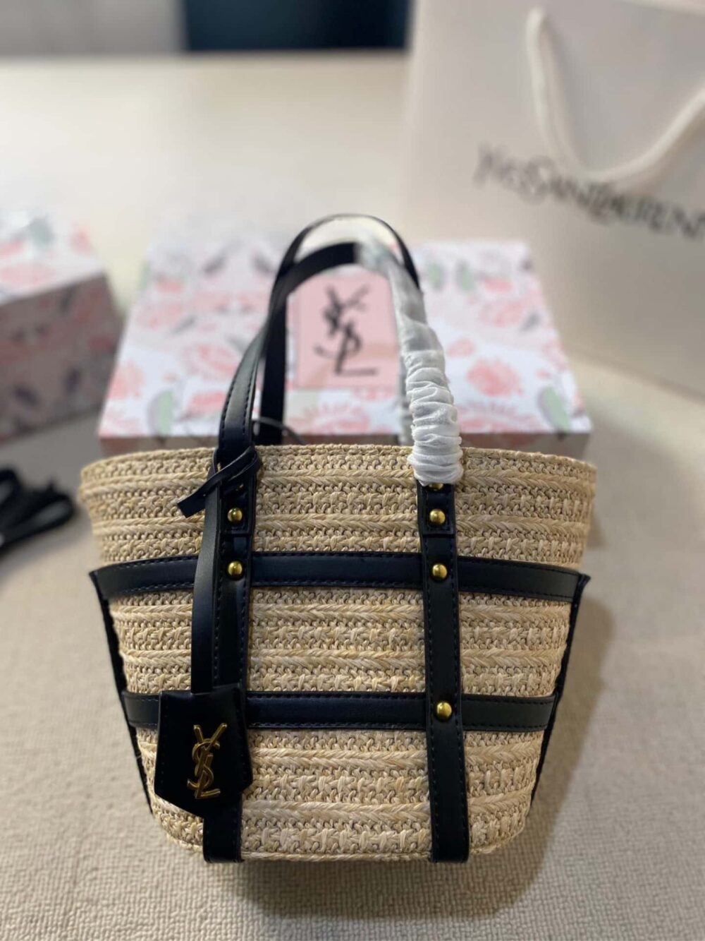 SAINT LAURENT MEDIUM PANIER HARNESS RAFFIA TOTE BEIGE 17CM - Image 5