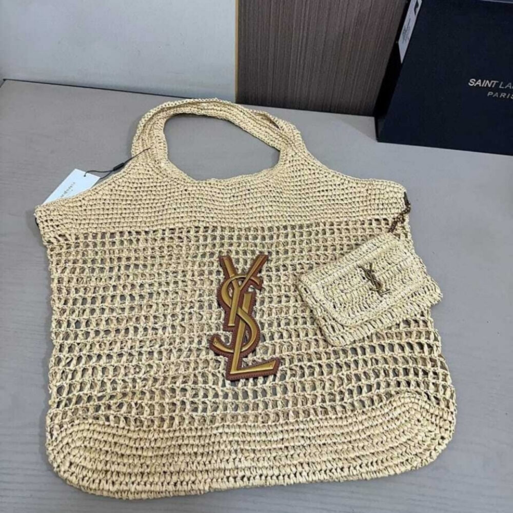SAINT LAURENT RAFFIA ICARE TOTE BAG NATUREL AND BROWN GOLD 45CM 772191GAAEK2063 - Image 2