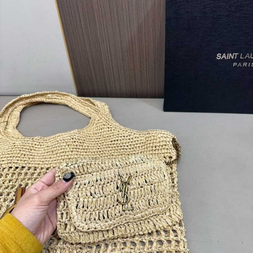SAINT LAURENT RAFFIA ICARE TOTE BAG NATUREL AND BROWN GOLD 45CM 772191GAAEK2063 - Image 3