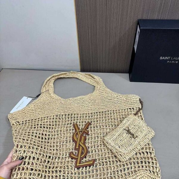 SAINT LAURENT RAFFIA ICARE TOTE BAG NATUREL AND BROWN GOLD 45CM 772191GAAEK2063 - Image 3