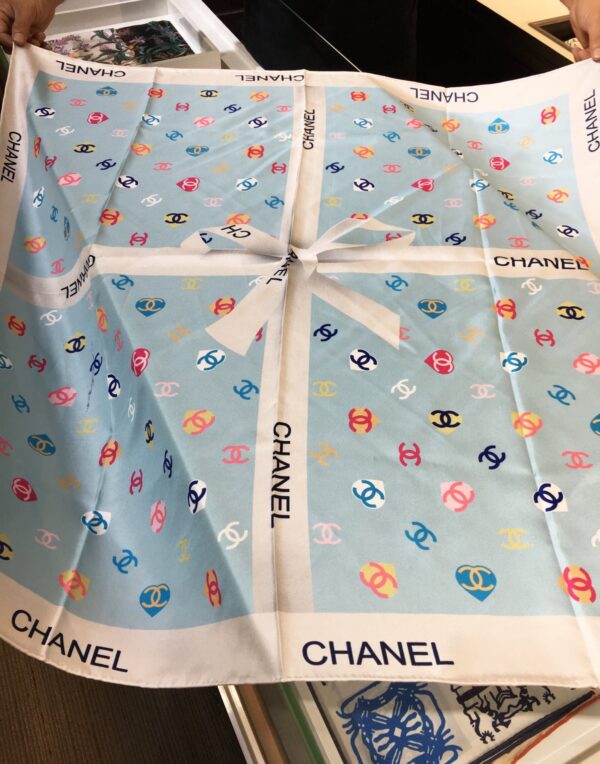 CHANEL CC HEARTS LETTER MONOGRAM LOGO BOW PRINT SCARF BLUE - Image 6