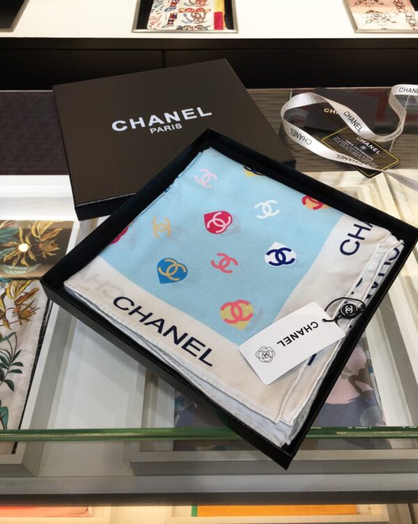 CHANEL CC HEARTS LETTER MONOGRAM LOGO BOW PRINT SCARF BLUE - Image 7