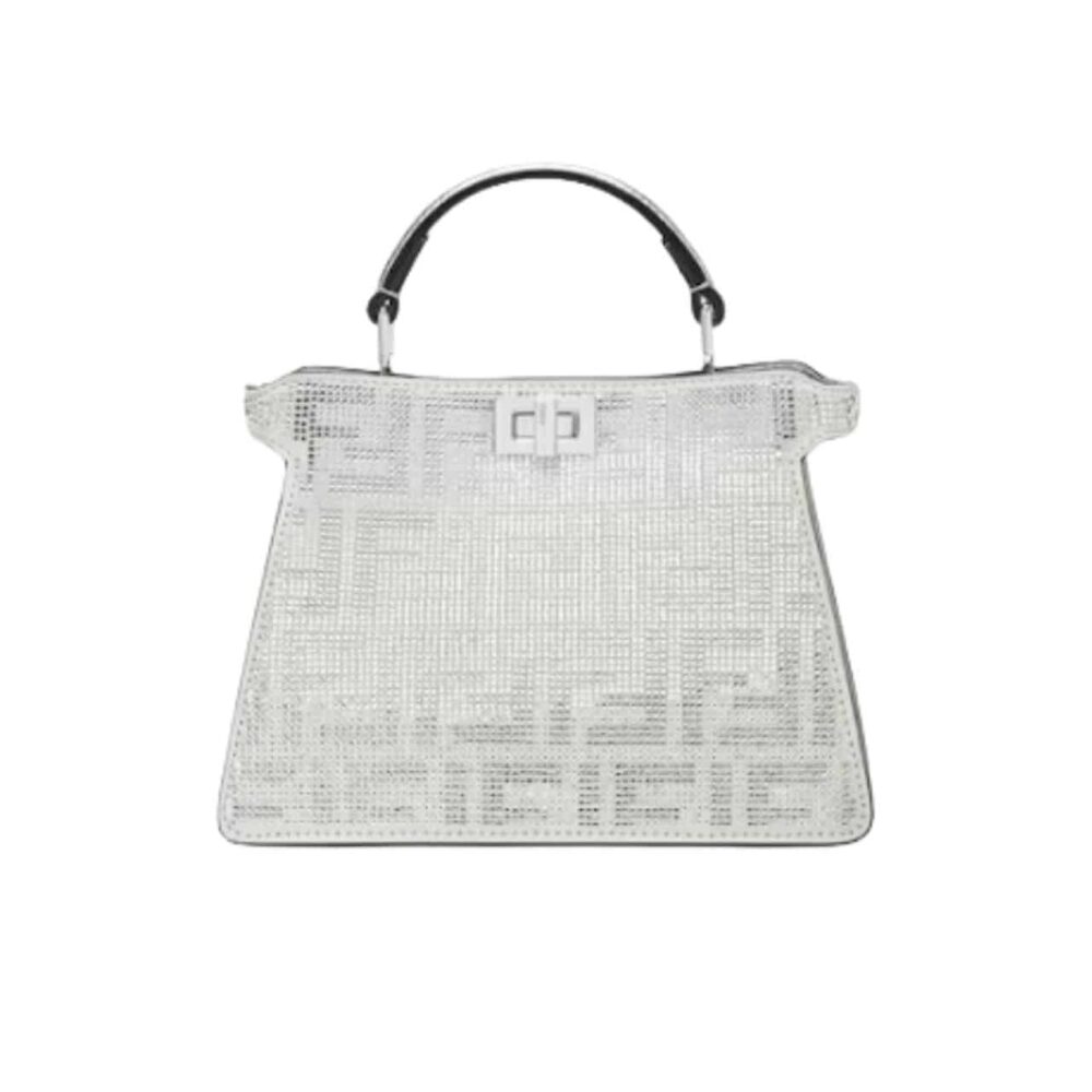 FENDI PEEKABOO ISEEU PETITE SILVER LEATHER BAG WITH CRYSTAL FF MOTIF 21CM 8BN335APKFF1JSU