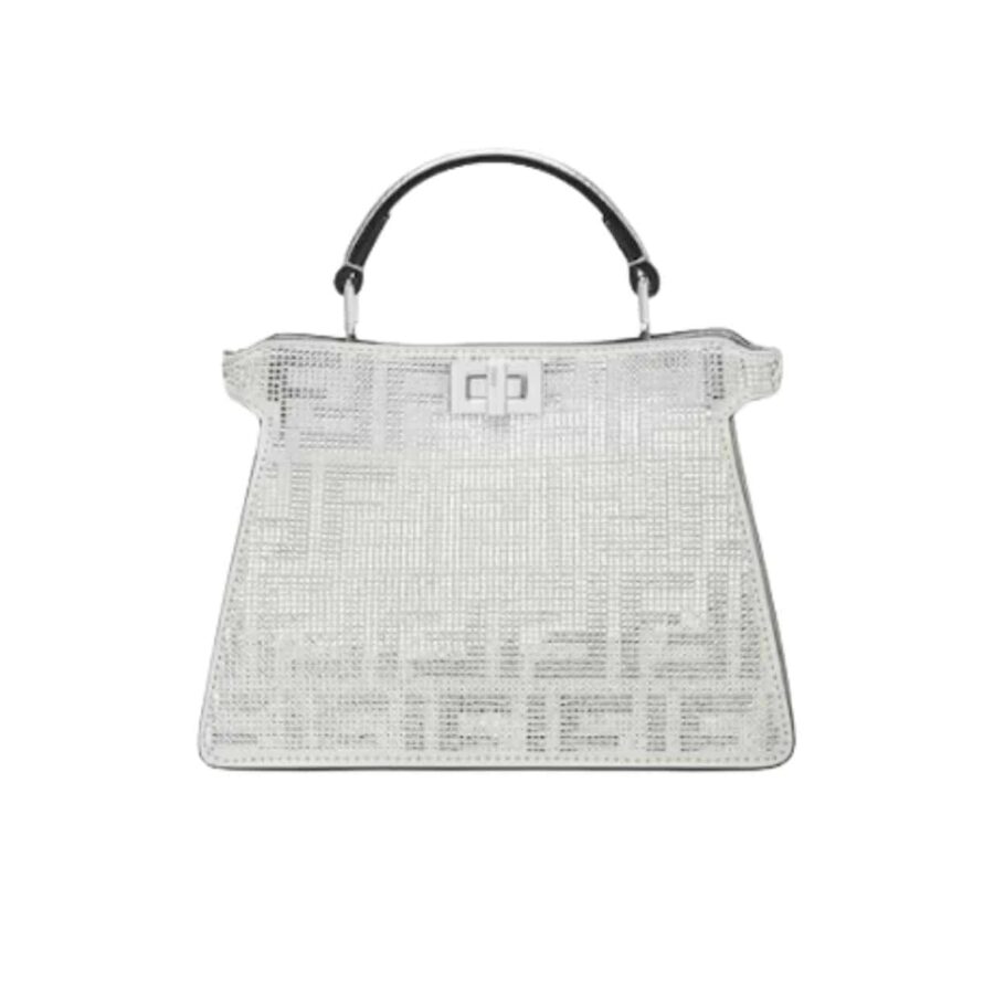 FENDI PEEKABOO ISEEU PETITE SILVER LEATHER BAG WITH CRYSTAL FF MOTIF 21CM 8BN335APKFF1JSU
