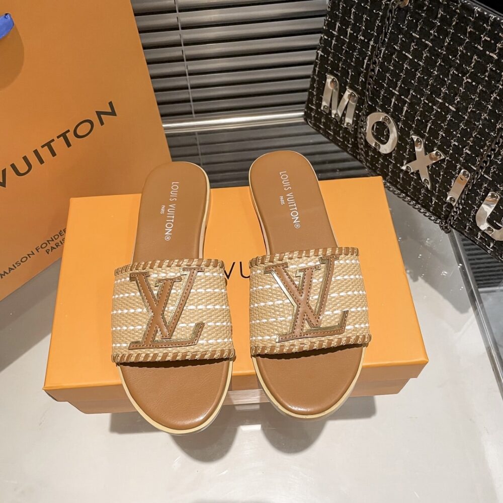 LOUIS VUITTON LOCK IT FLAT RAFFIA MULES BROWN - Image 9