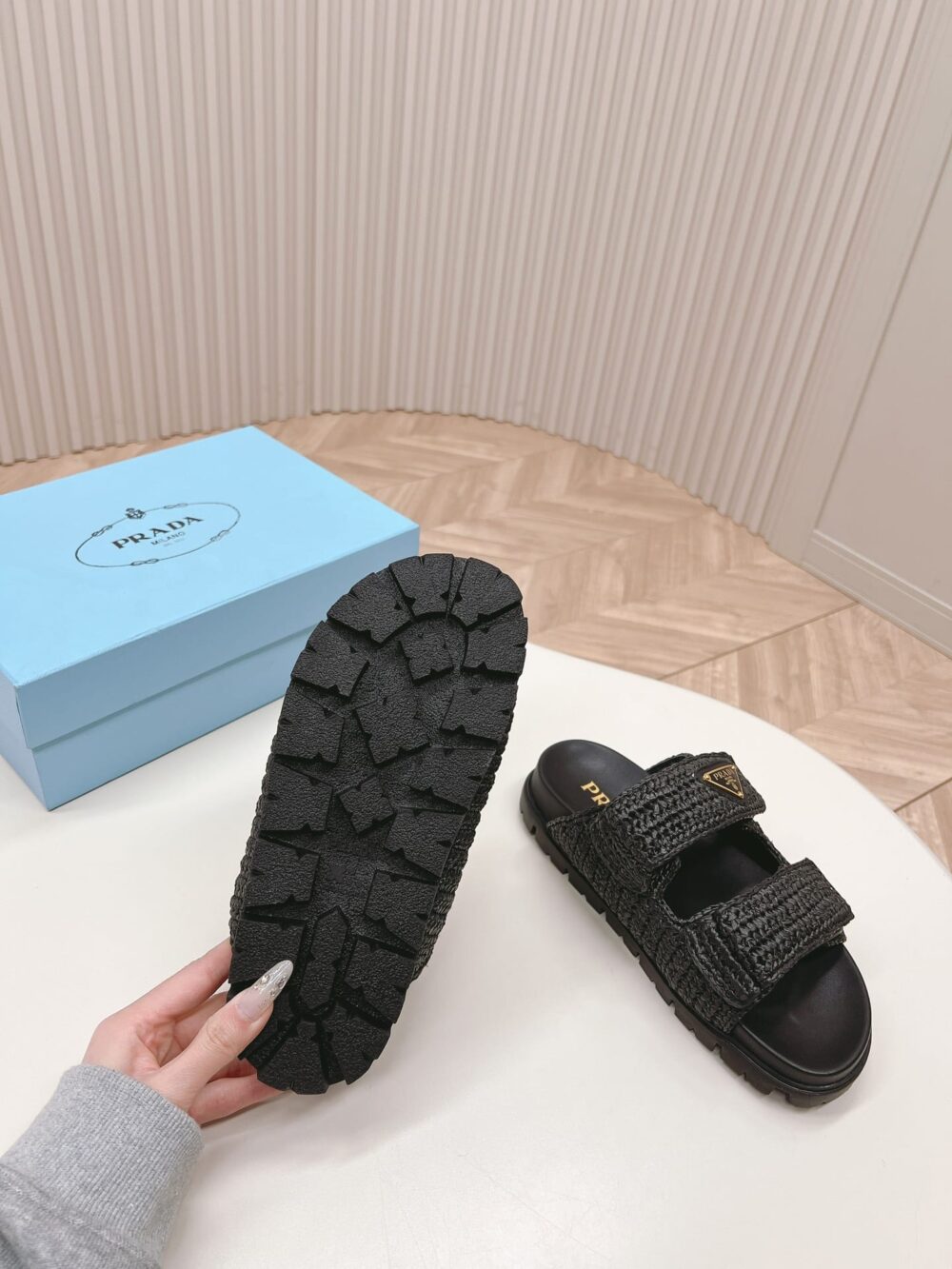 PRADA FUSSBETT RAFFIA DUAL BUCKLE SLIDE SANDALS BLACK - Image 2