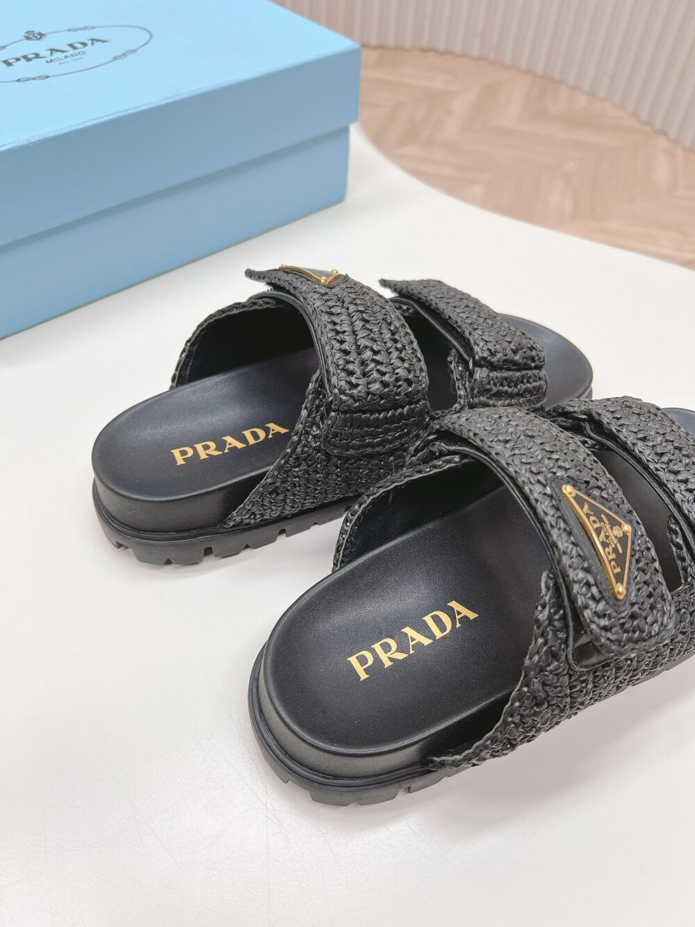 PRADA FUSSBETT RAFFIA DUAL BUCKLE SLIDE SANDALS BLACK - Image 4