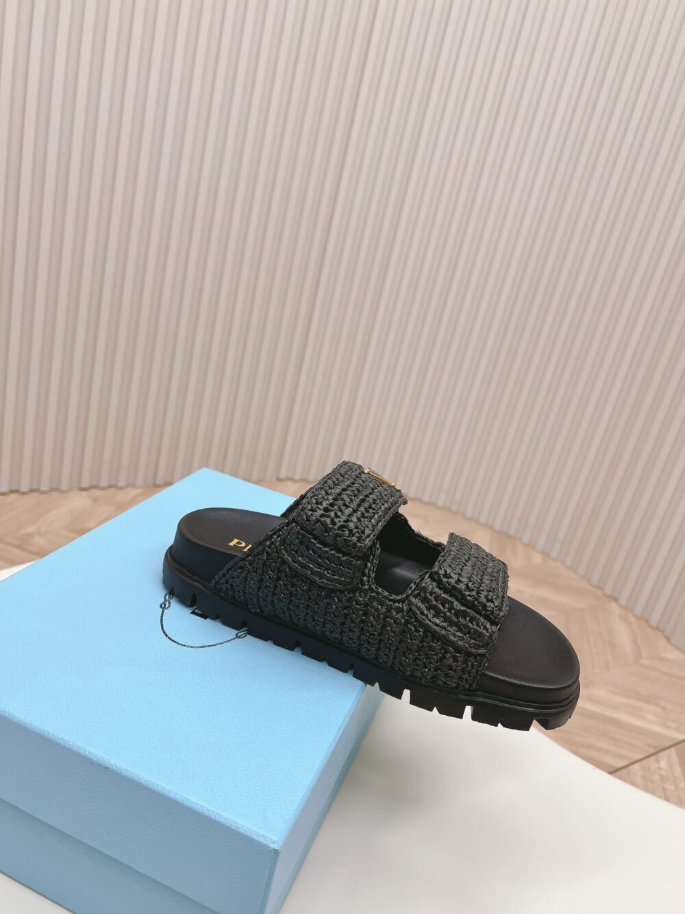 PRADA FUSSBETT RAFFIA DUAL BUCKLE SLIDE SANDALS BLACK - Image 7