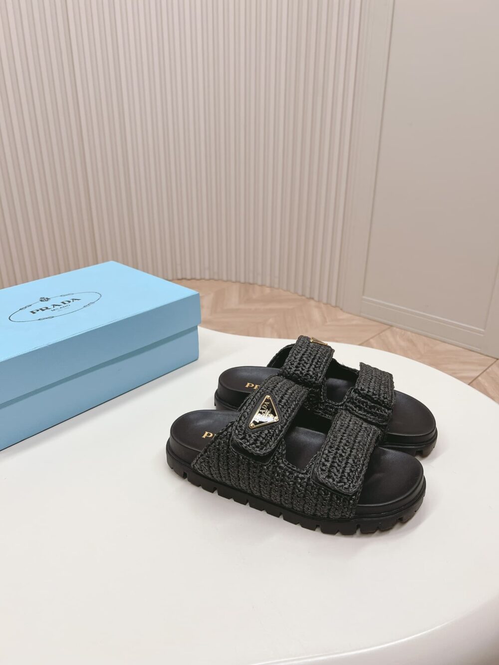 PRADA FUSSBETT RAFFIA DUAL BUCKLE SLIDE SANDALS BLACK - Image 9