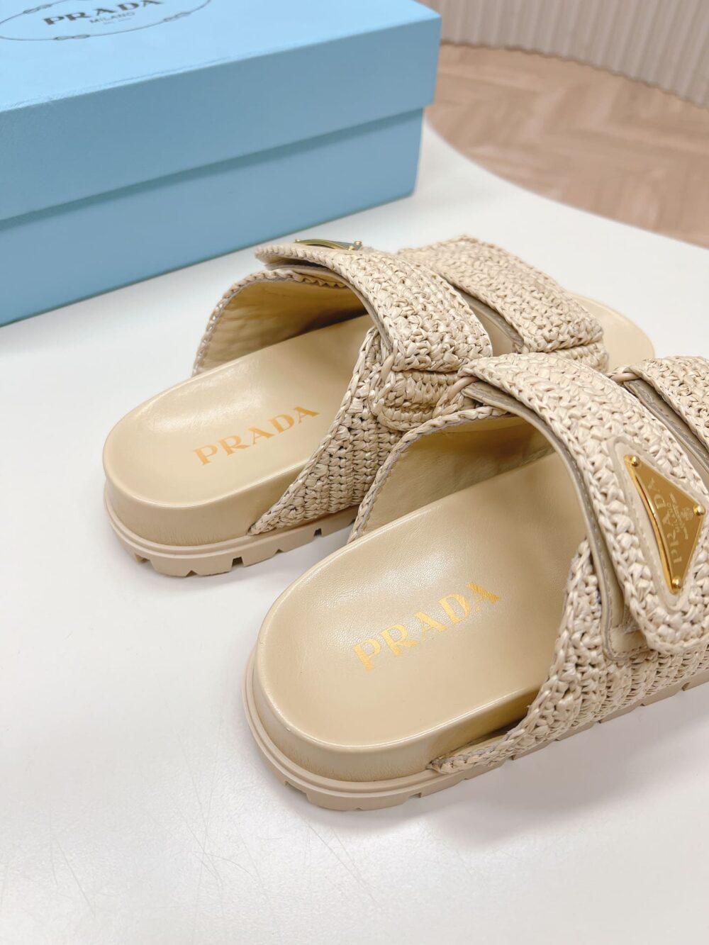 PRADA RAFFIA DOUBLE BAND SLIDE SANDALS BEIGE 1XX699 F020 2C2T F0018 - Image 5