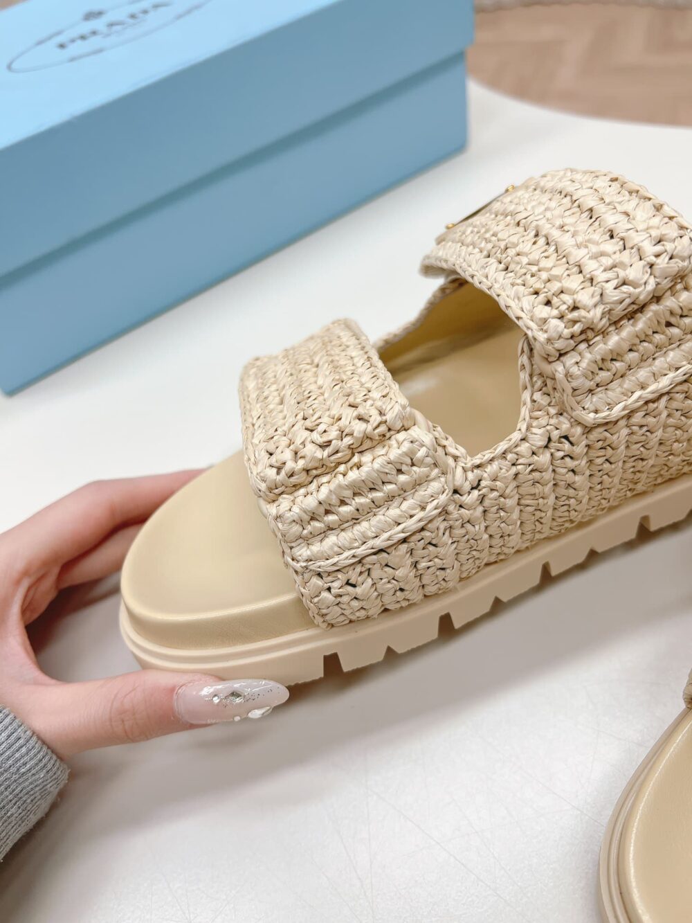PRADA RAFFIA DOUBLE BAND SLIDE SANDALS BEIGE 1XX699 F020 2C2T F0018 - Image 6
