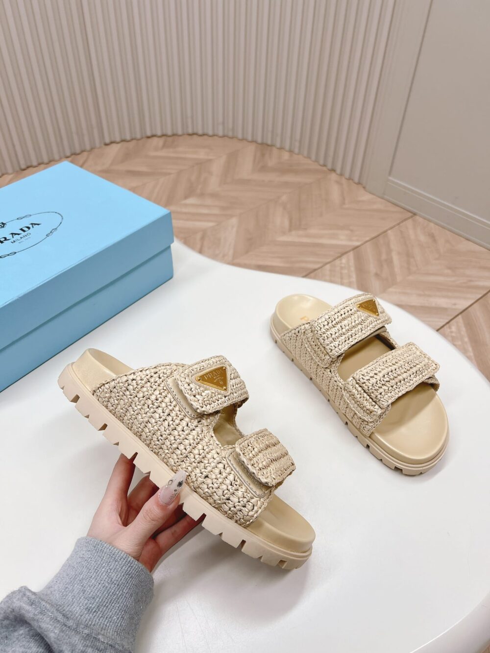 PRADA RAFFIA DOUBLE BAND SLIDE SANDALS BEIGE 1XX699 F020 2C2T F0018 - Image 4