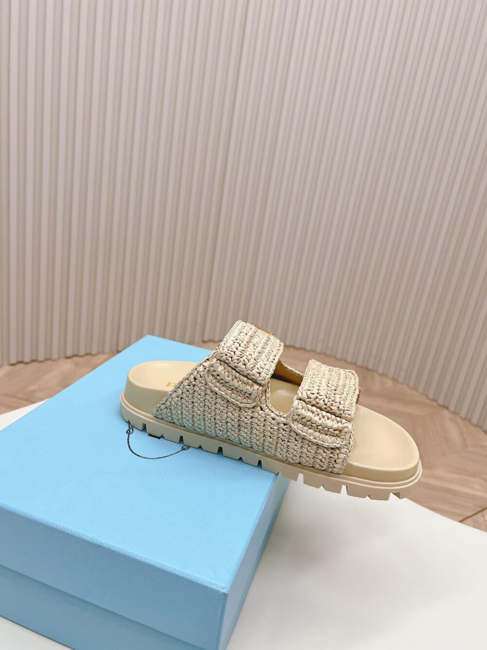 PRADA RAFFIA DOUBLE BAND SLIDE SANDALS BEIGE 1XX699 F020 2C2T F0018 - Image 7
