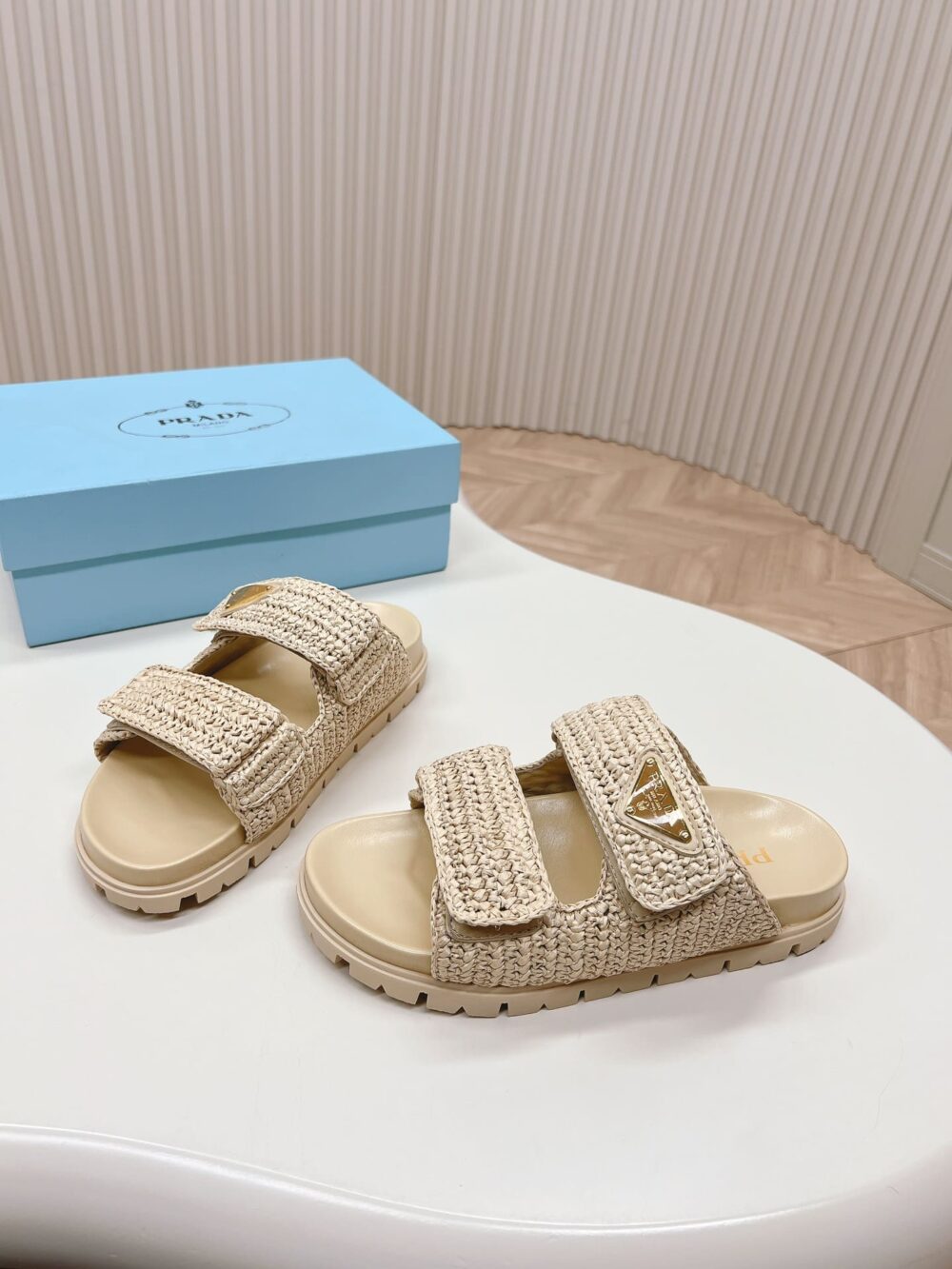 PRADA RAFFIA DOUBLE BAND SLIDE SANDALS BEIGE 1XX699 F020 2C2T F0018 - Image 8