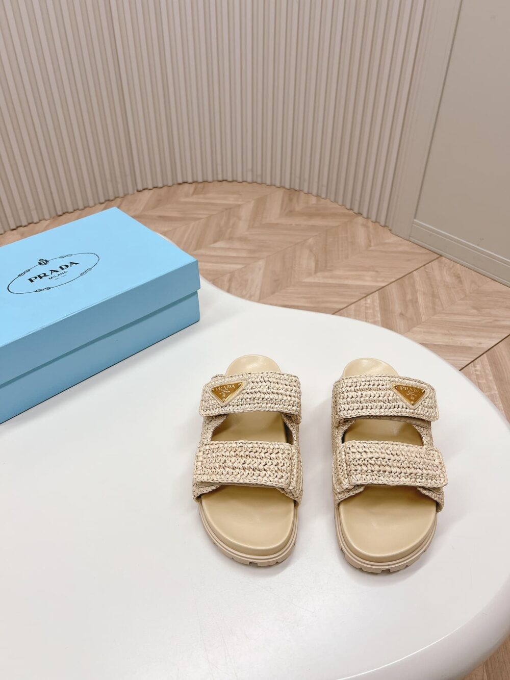 PRADA RAFFIA DOUBLE BAND SLIDE SANDALS BEIGE 1XX699 F020 2C2T F0018 - Image 9