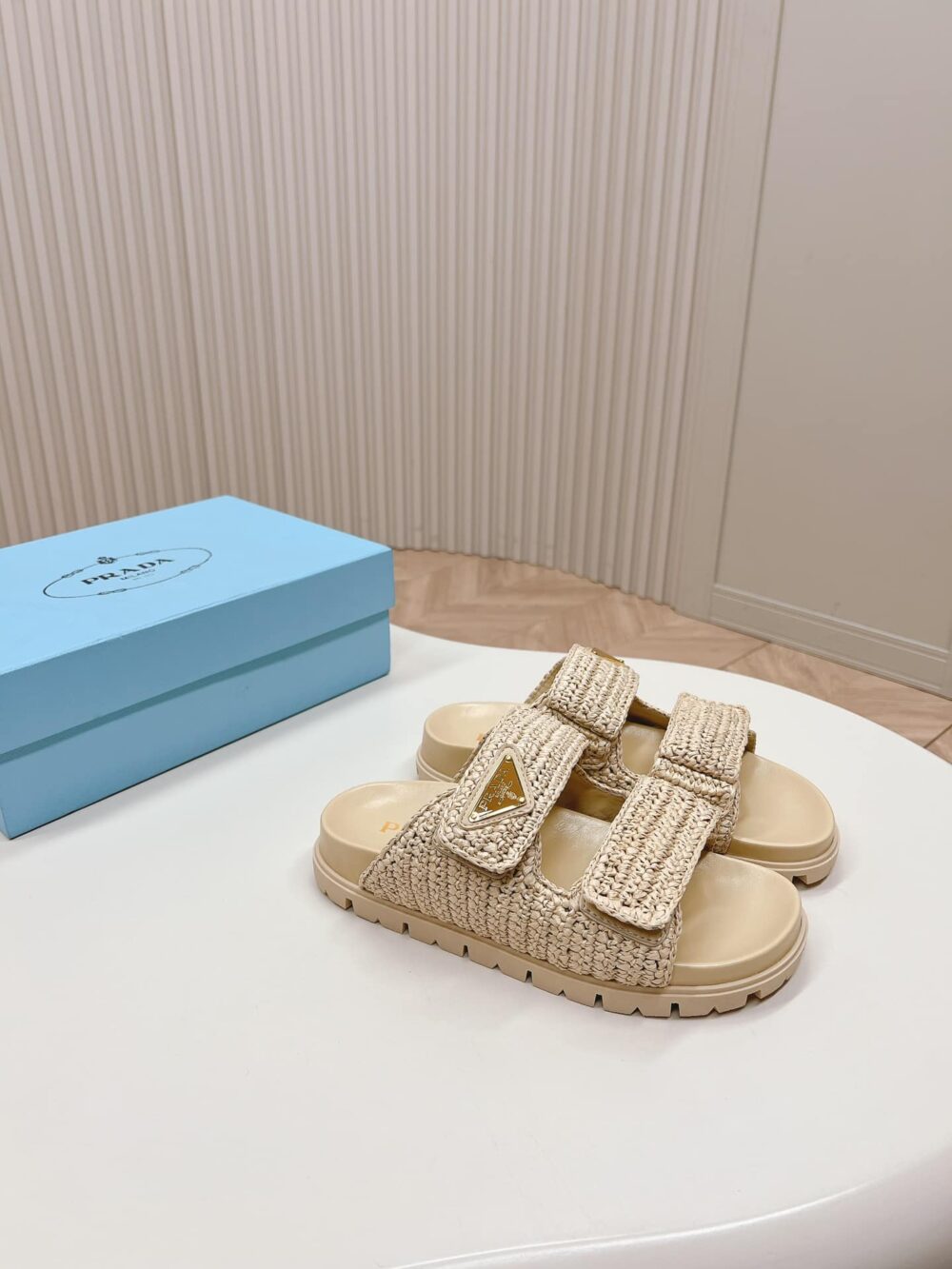 PRADA RAFFIA DOUBLE BAND SLIDE SANDALS BEIGE 1XX699 F020 2C2T F0018 - Image 3