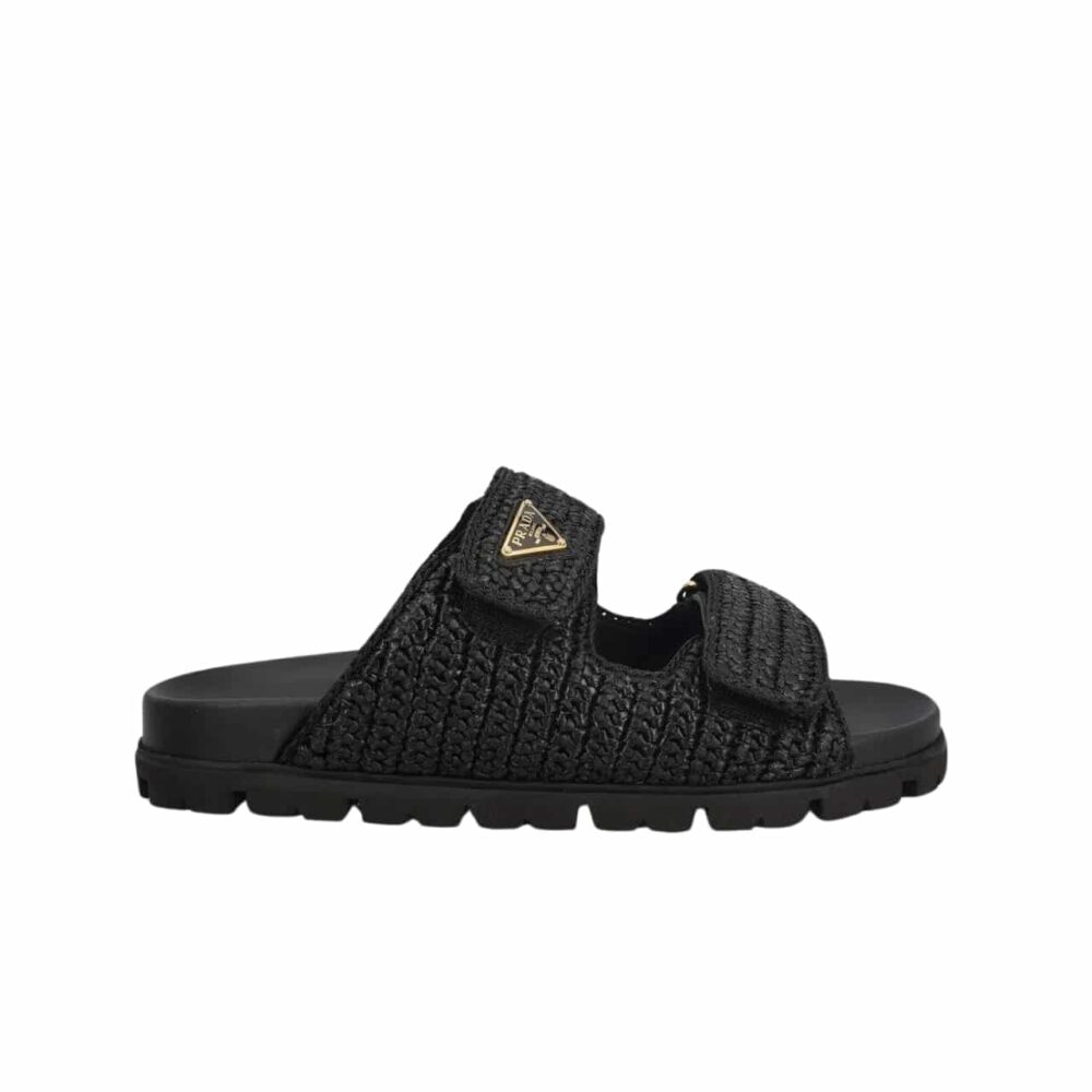 PRADA FUSSBETT RAFFIA DUAL BUCKLE SLIDE SANDALS BLACK