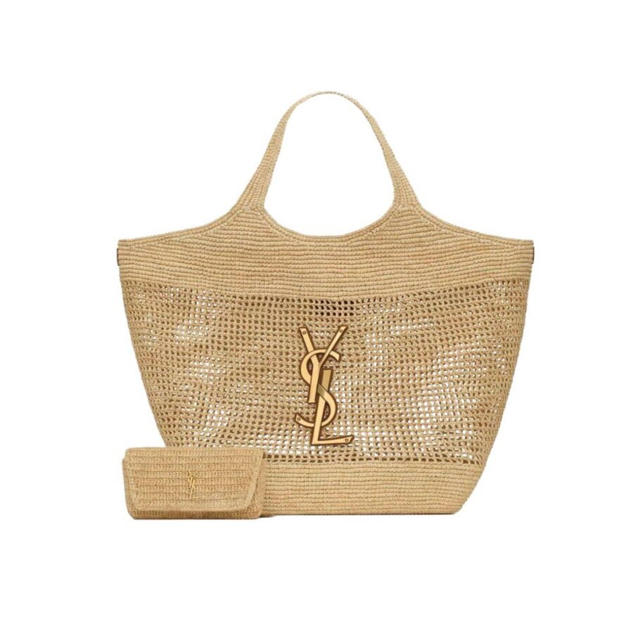 SAINT LAURENT RAFFIA ICARE TOTE BAG NATUREL AND BROWN GOLD 45CM 772191GAAEK2063