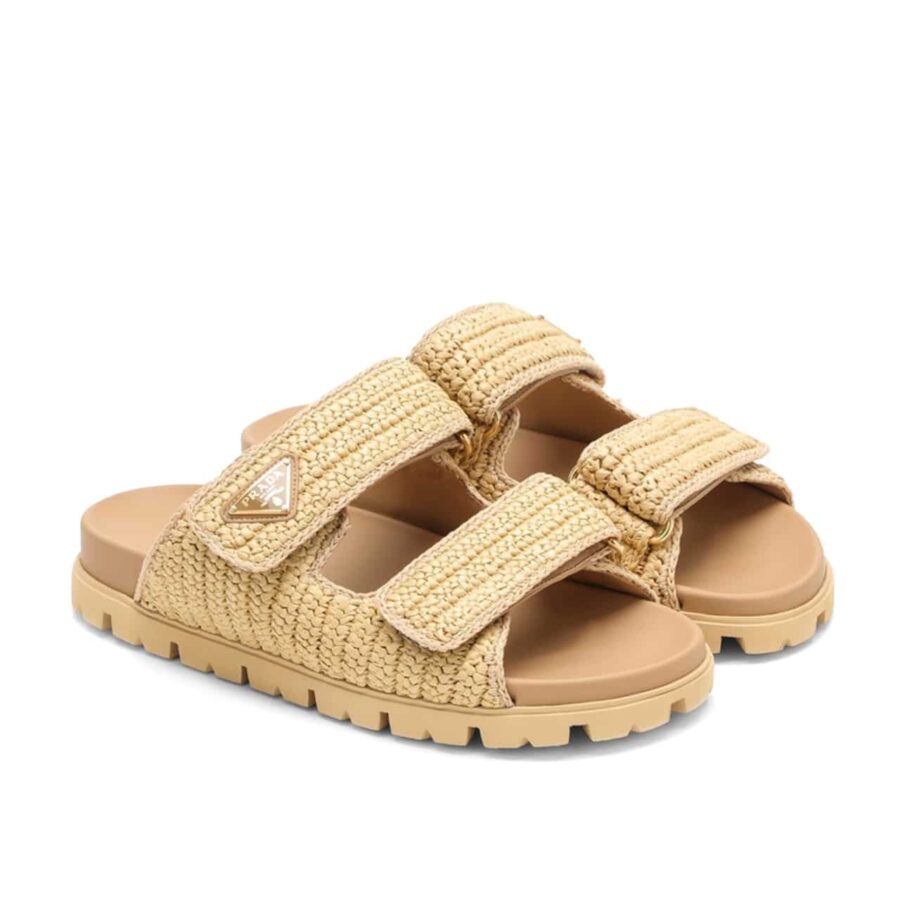 PRADA RAFFIA DOUBLE BAND SLIDE SANDALS BEIGE 1XX699 F020 2C2T F0018