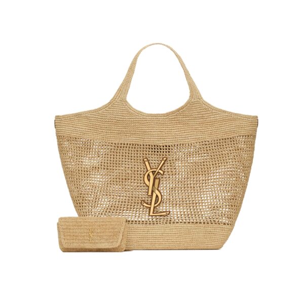 SAINT LAURENT RAFFIA ICARE TOTE BAG NATUREL AND BROWN GOLD 45CM 772191GAAEK2063