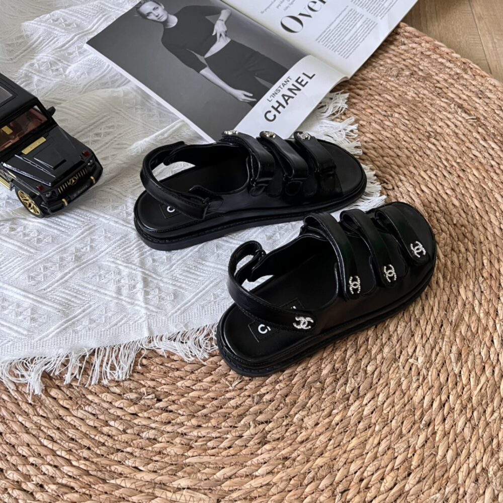 CHANEL TRIPLE VELCRO STRAP SANDALS BLACK G45628 B16403 94305 - Image 3