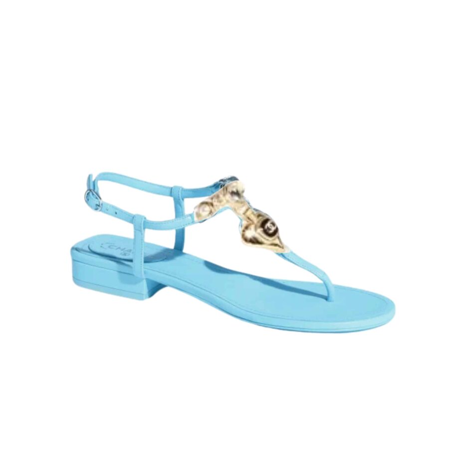 CHANEL SHINY PEARL CRYSTAL CC HEART THONG SANDALS LIGHT BLUE