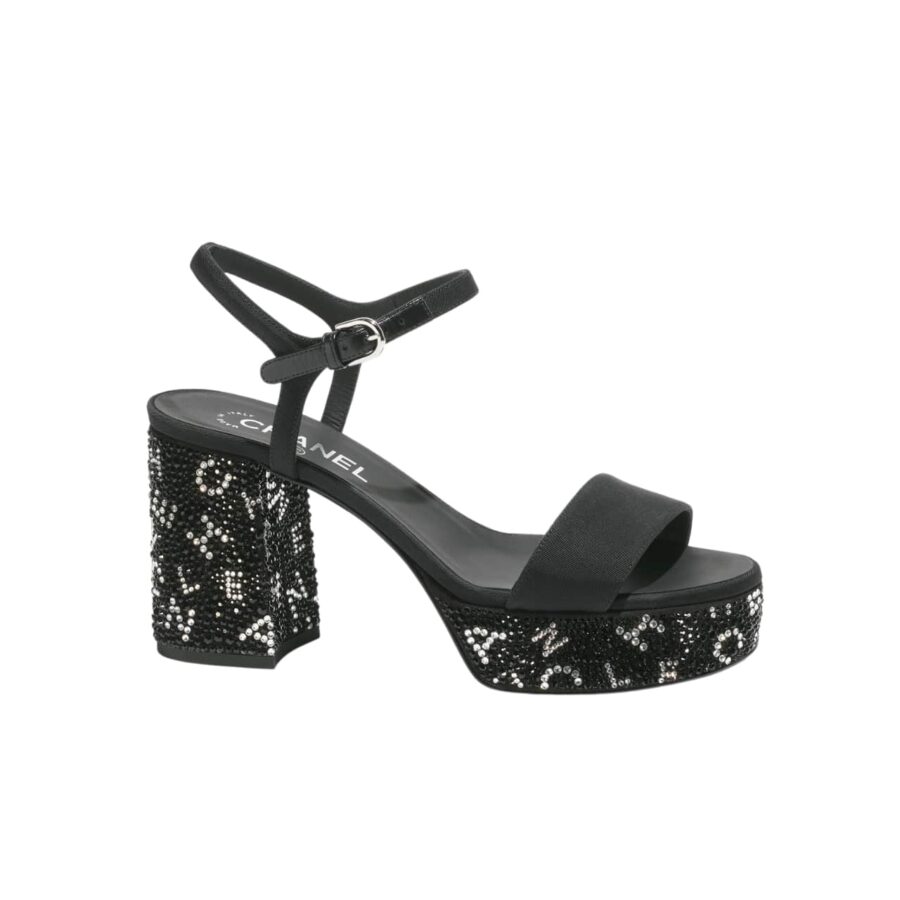 CHANEL SANDAL PUMP STONE BEADS BLACK SILVER G45365 B15306 NU665