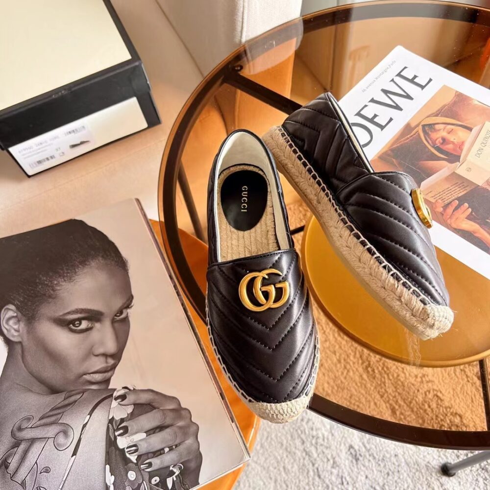 GUCCI ESPADRILLE MATELASSE CHEVRON LEATHER WITH DOUBLE G BLACK 551890 BKO00 1000 - Image 2