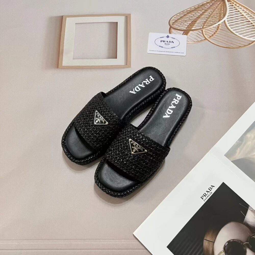 PRADA NATURAL CROCHET PLATFORM SLIDES BLACK - Image 2