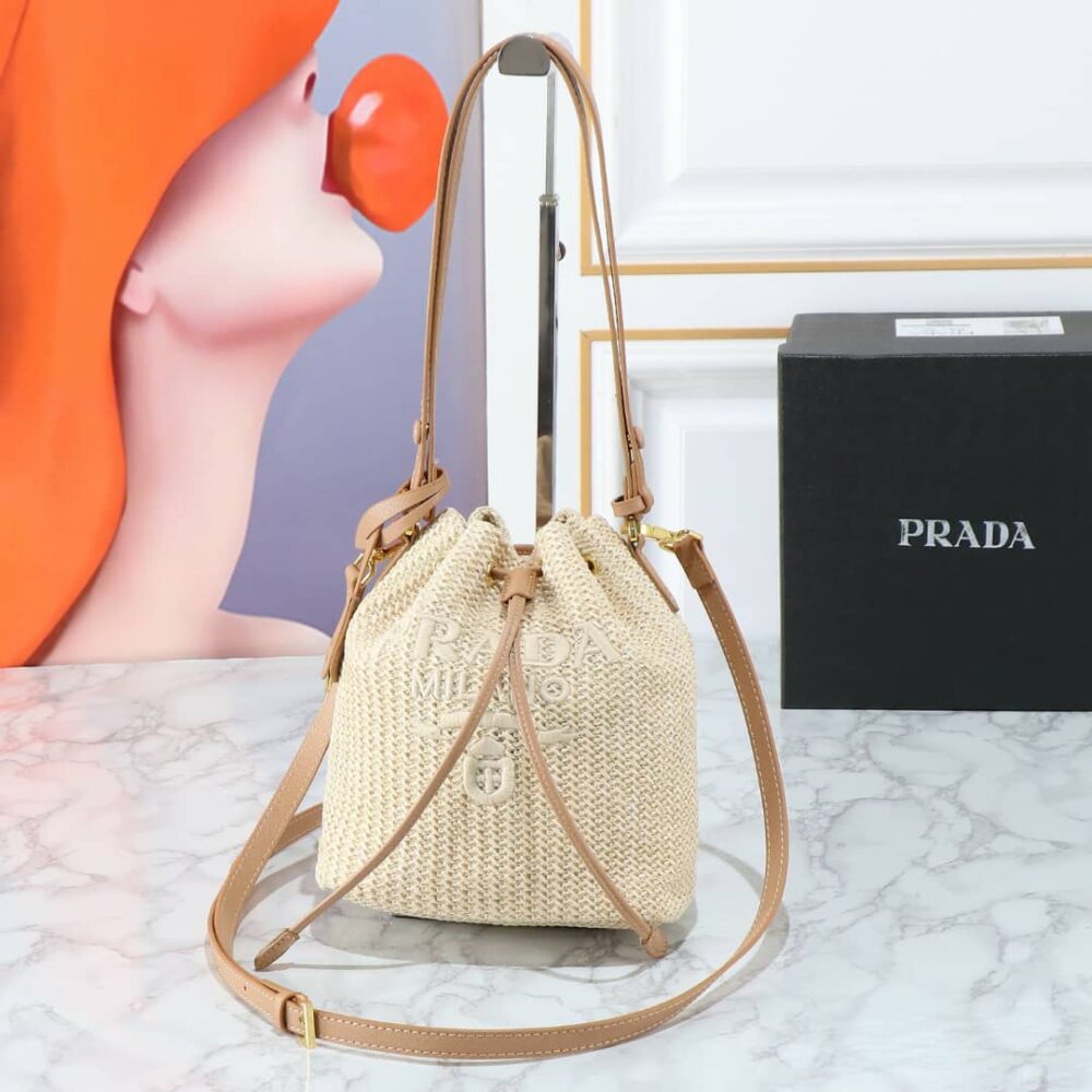 PRADA CROCHET AND LEATHER BUCKET BAG NATURAL 24CM 1BE068 2M2T F0018 V OUO - Image 2