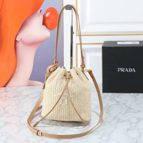 Alternative view of Prada Crochet And Leather Bucket Bag Natural 24Cm 1Be068 2M2T F0018 V Ouo