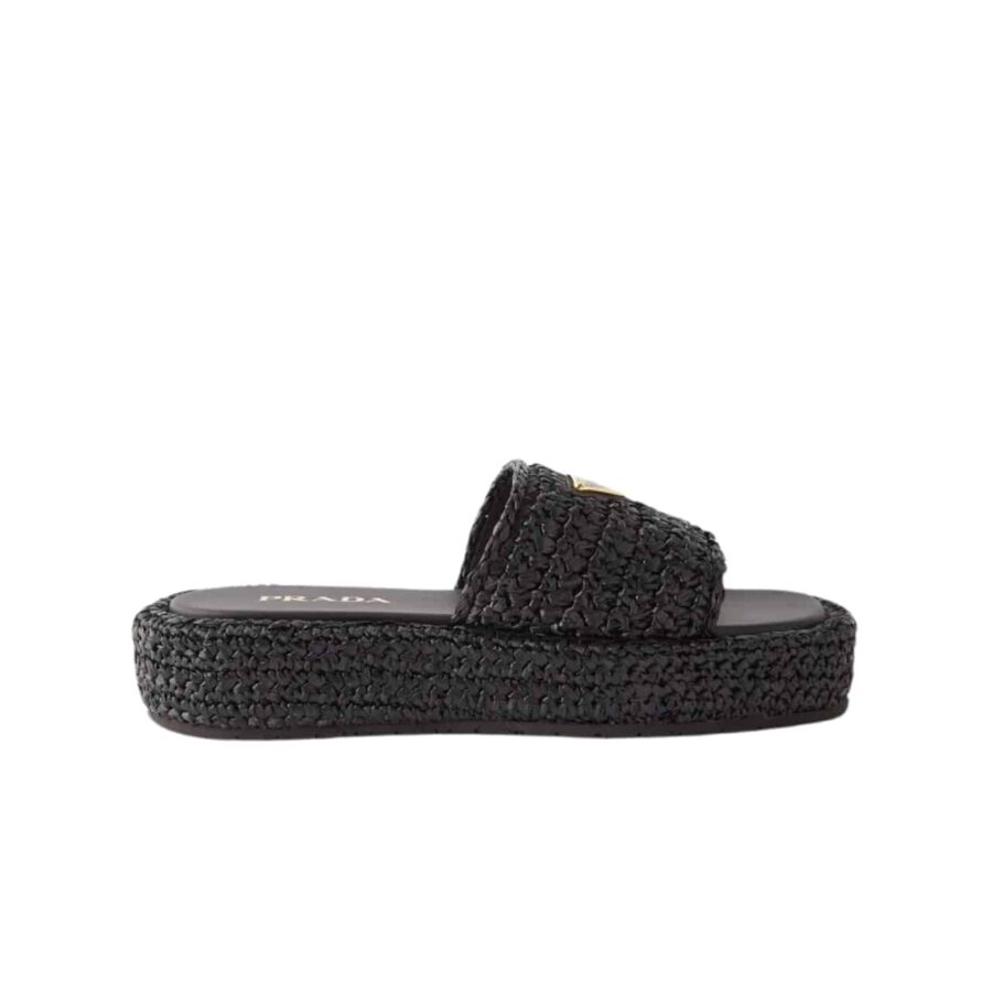 PRADA NATURAL CROCHET PLATFORM SLIDES BLACK