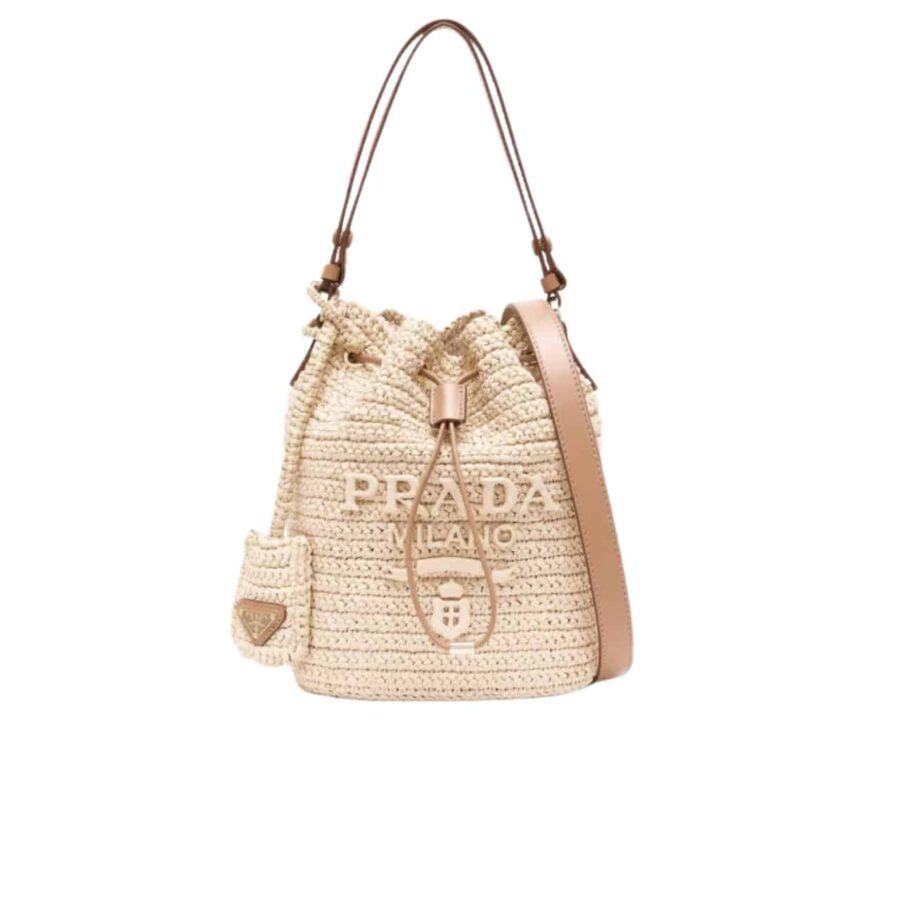 PRADA CROCHET AND LEATHER BUCKET BAG NATURAL 24CM 1BE068 2M2T F0018 V OUO