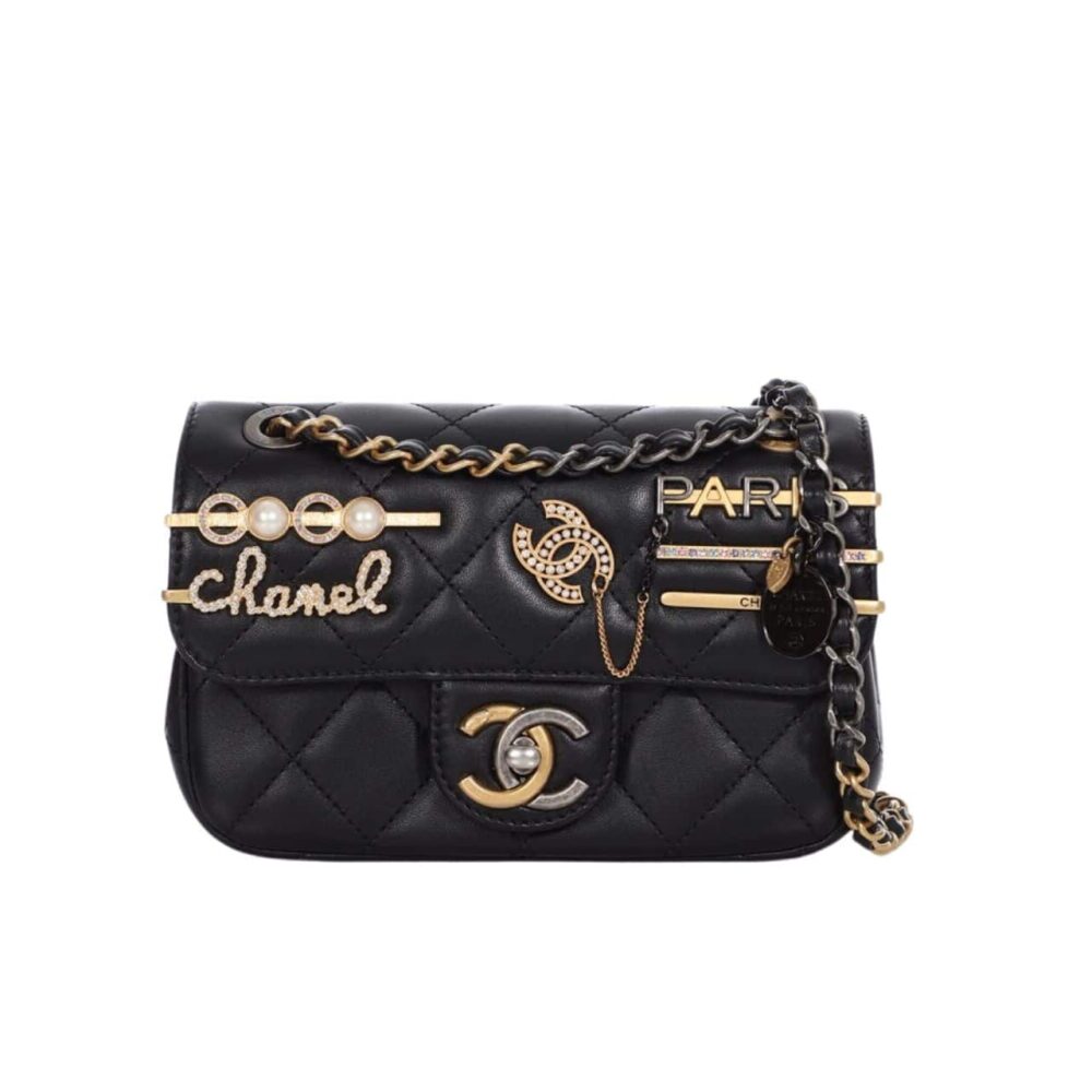 CHANEL QUILTED MINI COCO CLIPS FLAP GOLD AND RUTHENIUM HARDWARE BLACK 20CM