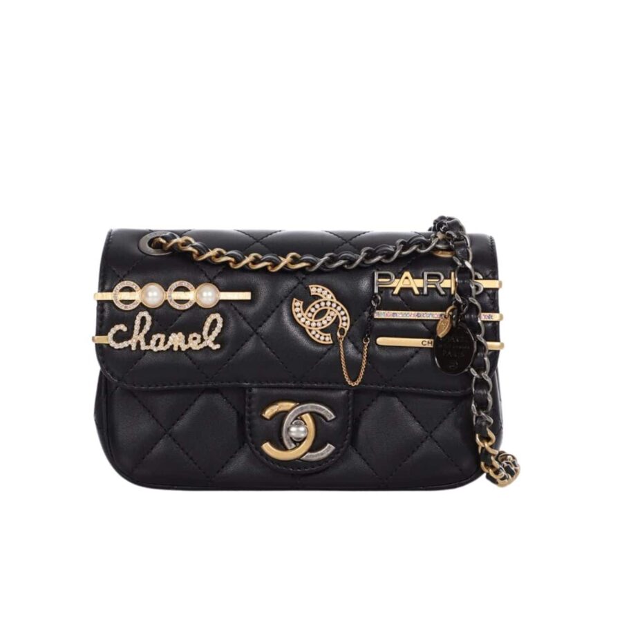 CHANEL QUILTED MINI COCO CLIPS FLAP GOLD AND RUTHENIUM HARDWARE BLACK 20CM