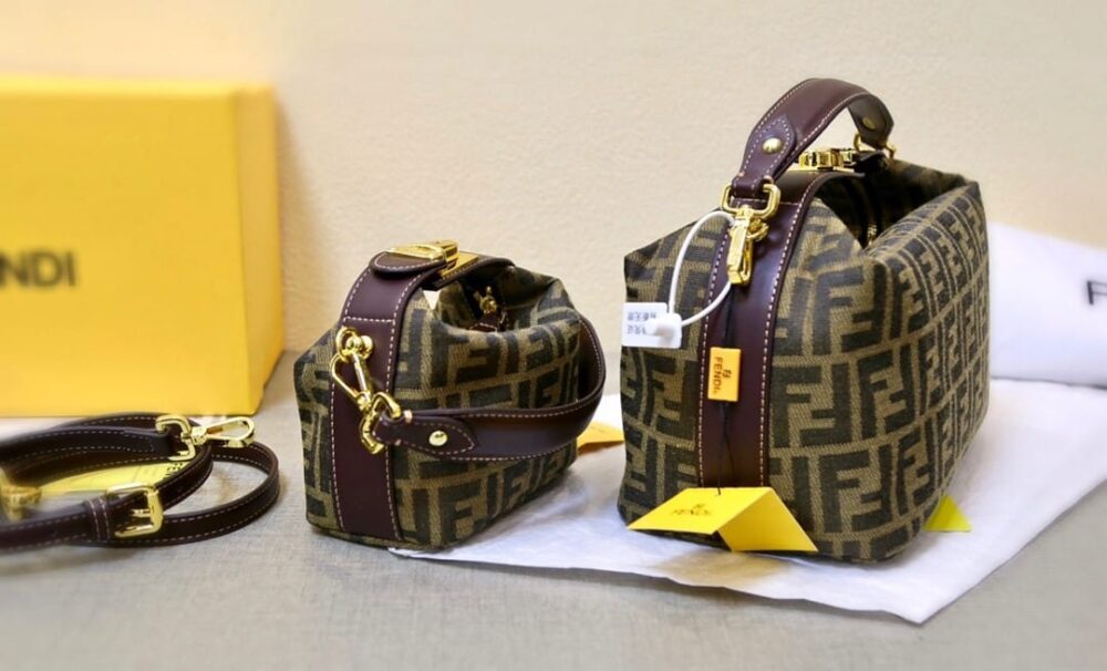 FENDI ZUCCA JACQUARD MINI POUCH BAG BROWN 27CM - Image 9