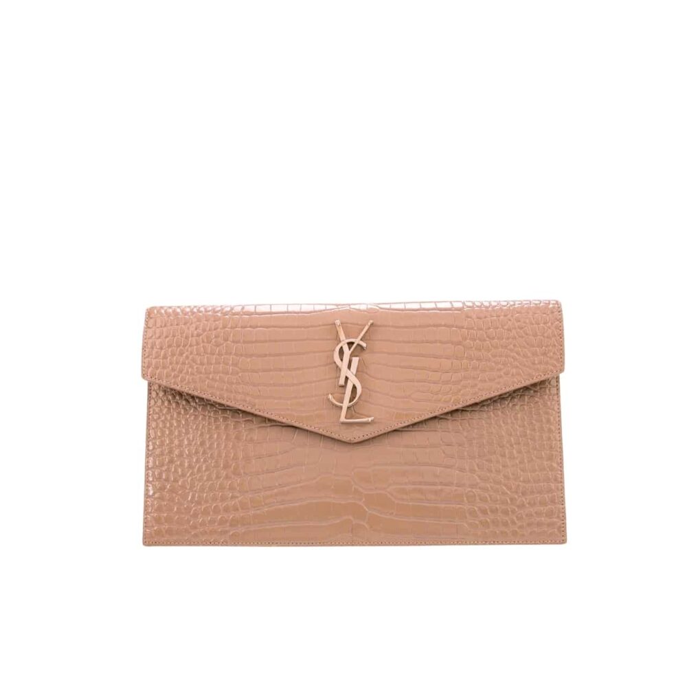 SAINT LAURENT EMBOSSED MONOGRAM UPTOWN POUCH BEIGE 27CM