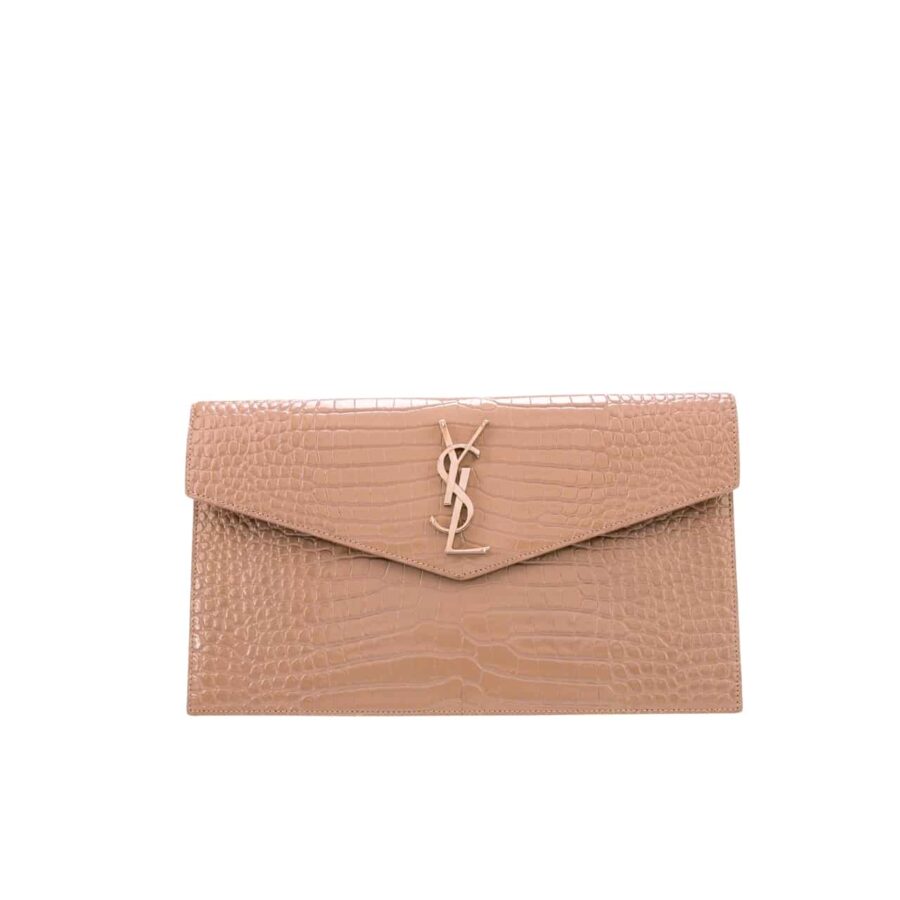 SAINT LAURENT EMBOSSED MONOGRAM UPTOWN POUCH BEIGE 27CM