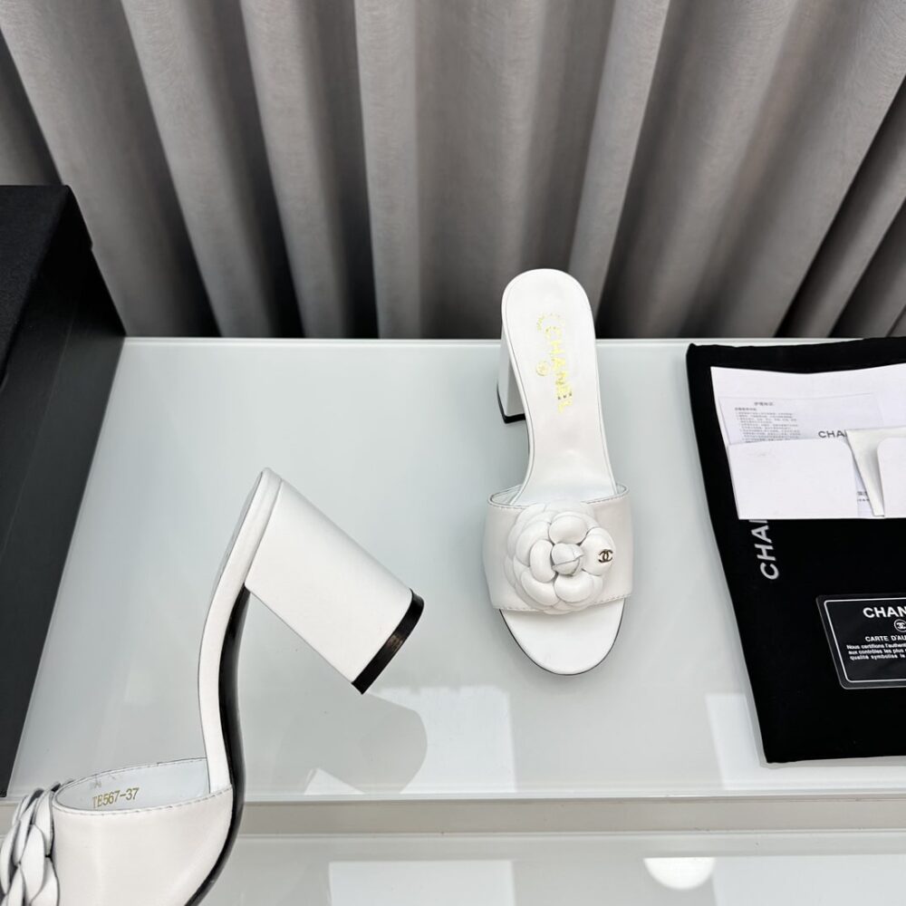 CHANEL CAMELLIA MEDIUM HEEL SLIPPERS WHITE - Image 9