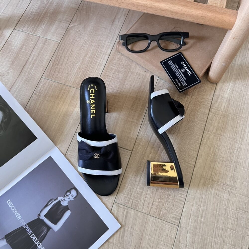 CHANEL GROSGRAIN RIBBON BOW MULE LEATHER GOLD BLACK - Image 3